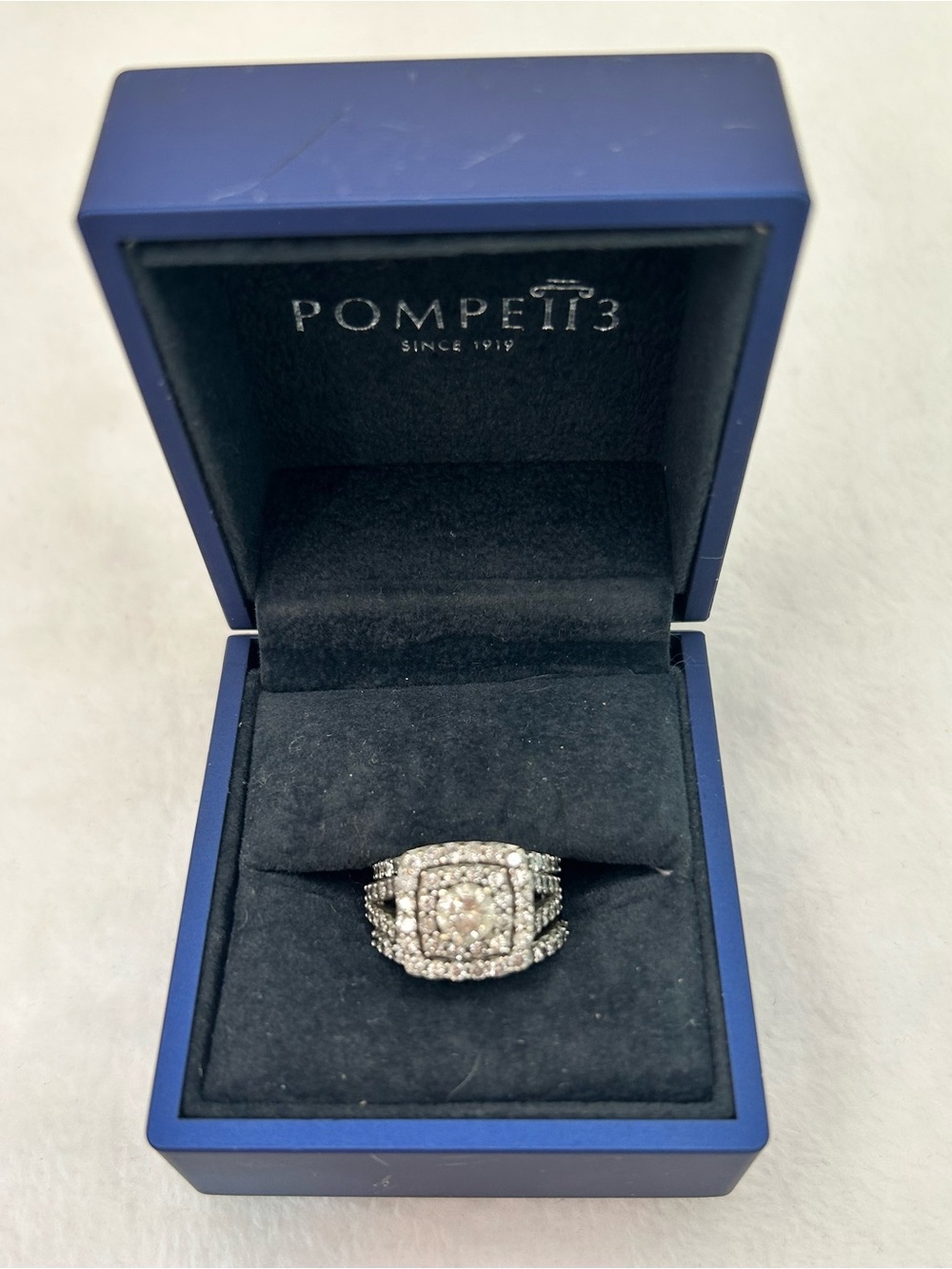 Pompeii 3 Ct Diamond Engagement Wedding Double Cushion Halo Trio Ring Set 10k WG
